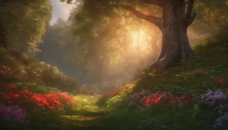 masterpiece, best quality, high quality,extremely detailed CG unity 8k wallpaper, An enchanting and dreamy scene of a fantasy forest, with towering trees, glowing aple tree, red aple and hidden fairy glens, creating a sense of mystique and enchantment, art...