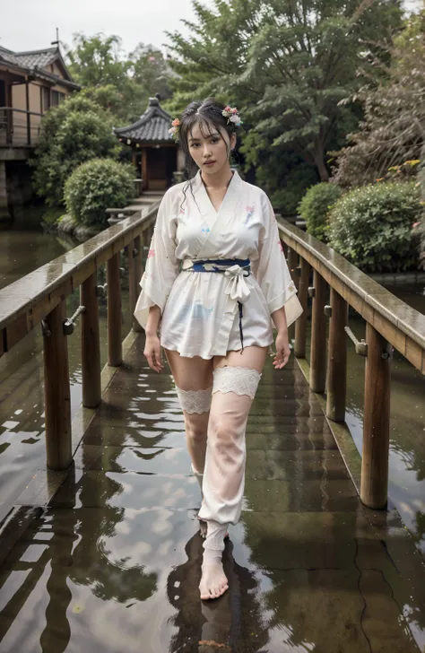 extremely detailed CG unity 8k wallpaper, realistic, hand by Guido Daniele, wearing kimono_clothes, wooden bridge, sakuramon, wreath,lace-trimmed kimono, stone brick road, wet road, clogs, two toe socks, huge , 