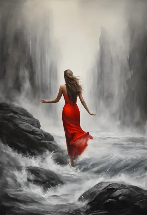  Rock, jump, cliff, falls to the bottom, young woman, sea,    ,someone is holding a red object in their hands (Heart) to the streets, nuclear art, Red selective coloration, Chris Friel, Dirk Dzimirski, inspired by Alfred Eisenstadt, inspired by Storm Thorg...