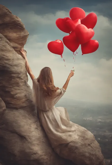 woman holding a red heart balloon above her head on a rock, holding a balloon, photo more, give me higher love, man holding a balloon, balloon, Stunning photography, beautiful photo, surrounding the city, inspired by Anka Zhuravleva, It floats in the air, ...