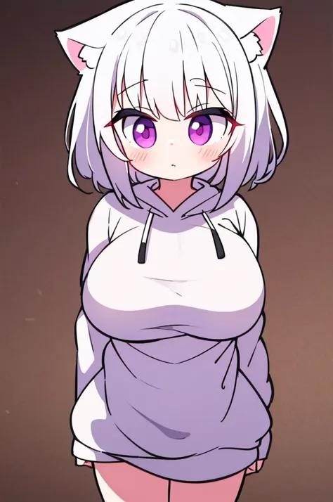 catgirl, white hair, medium breasts, oversized hoodie