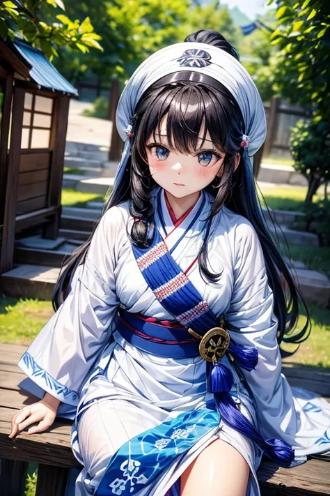 queen of the ainu、cute、Ainu pattern clothes、white and blue clothes、Ainu pattern、has a spear、Ainu art、Clean your eyes