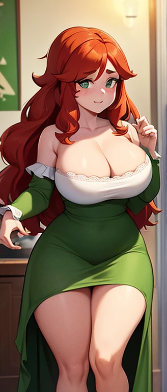 freckles, beautiful, masterpiece, Auburn hair, plump breasts, plump hips, plump thighs, irish, large eyes, green pupils, curly hair, rounded hair, long hair, auburn eyebrows,  nose, thick eyelashes, holding beer jug, 1800s dress, white dress, bare shoulder...