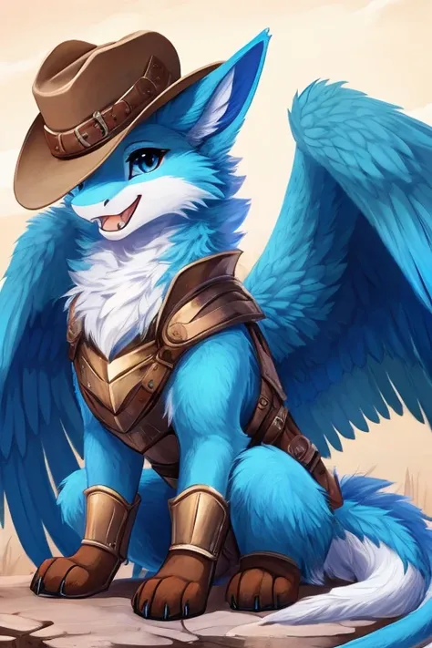 furry art, feral, furred dragon, female, white and blue fur, wings, big ears, horns, tail, chest fluff, paws, fangs, happy, quadruped, wearing armor, wearing leather armor, wearing cowboy hat, cute