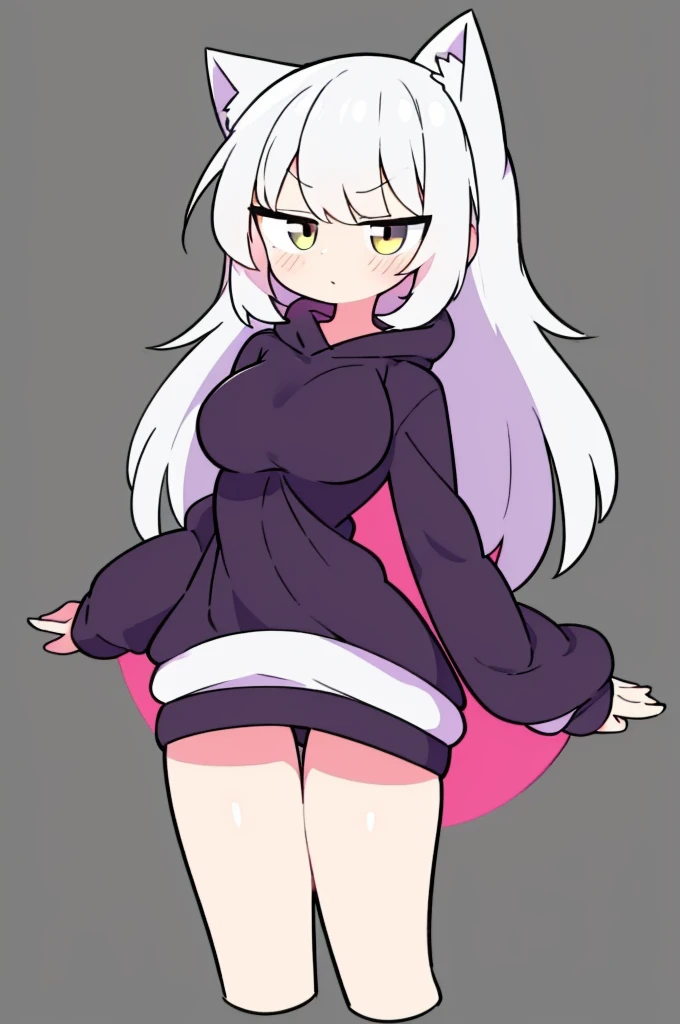 catgirl, white hair, medium breasts, oversized hoodie, cute face