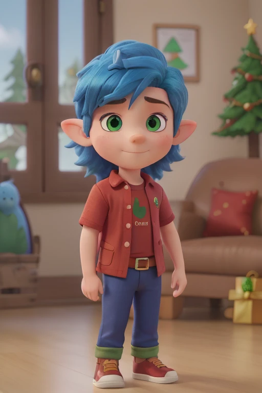 a photo of the gnome Elvin, a 12-year-old elf boy with pointy ears, a gift icon emblazoned on his red, dark-skinned shirt with blue hair, brown eyes, green pants, yellow sneakers, driving a delivery truck