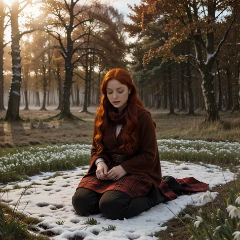 Beautiful firey red haired maiden, winter woodland, celtic goddess Brigid, brigids cross, lambs andcalves are laying at her feet, snowdrop flowers, winter wheat, mist, magic