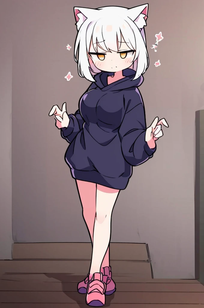 catgirl, white hair, medium breasts, oversized hoodie, cute face