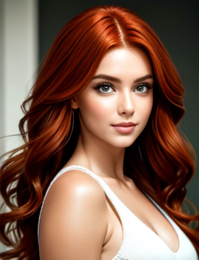 Generate an image of a beautiful, red-haired woman with expressive brown eyes, a delicate, upturned nose, softly outlined lips, well-defined eyebrows and red hair falling in soft waves over her shoulders.  Highlight the radiant and friendly facial expressi...