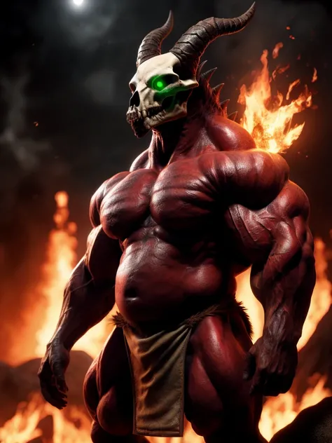 demon, skull, baron of hell, horn, doom (series), full body, portrait, detailed, (red skin), green eye, glowing eye, fire, hell, lava, thick neck, huge muscles, large muscles, red smooth skin, thick pecs, slightly chubby, 80mm, f/1.8, nude, (loincloth), sy...