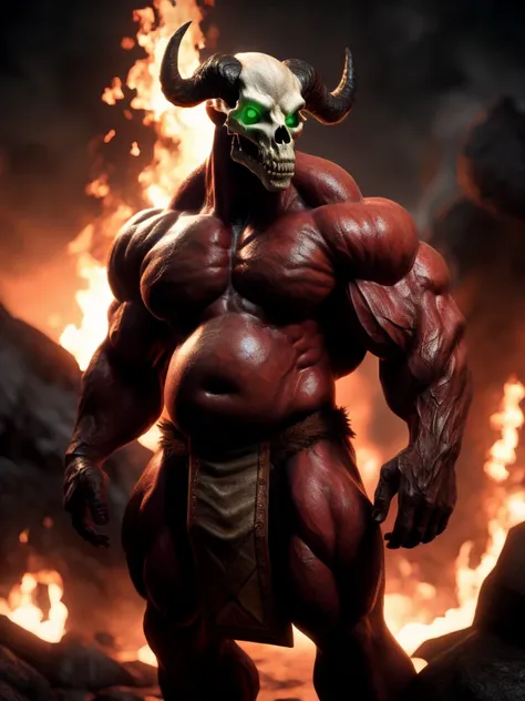 demon, skull, baron of hell, horn, doom (series), full body, portrait, detailed, (red skin), green eye, glowing eye, fire, hell, lava, thick neck, huge muscles, large muscles, red smooth skin, thick pecs, slightly chubby, 80mm, f/1.8, nude, (loincloth), sy...