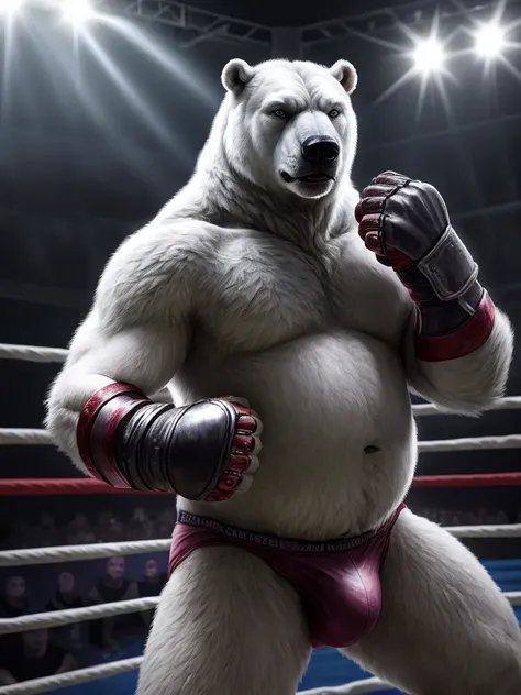 male anthro polar bear, chubby, dynamic pose, bust portrait, underwear, solo, realistic fur, detailed background, bedroom, detailed fluffy fur, long fluffy fur, photorealism, fighting ring, hdr, short tail, crowd, purple stage light, leather gauntlet, real...