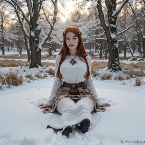 A magical, Beautiful firey red haired maiden , in a celtic enchanted winter woodland, she embodies the goddess Brigid, brigids cross, lambs and calves are laying at her feet, snowdrop flowers are growing in patches of snow with winter wheat, mist surrounds...