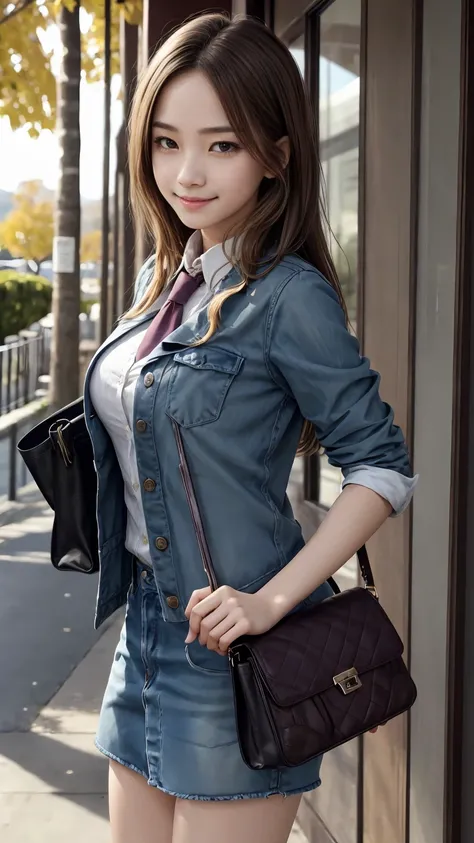 19 year old female、Hair color is a gradation of brunette and purple、Eye color is blue、long hair、hair is wavy、wears hair in a chignon、wearing eye shadow and lipstick、Slender but well-proportioned muscular body、smile、big breasts、wearing a dress shirt and a t...