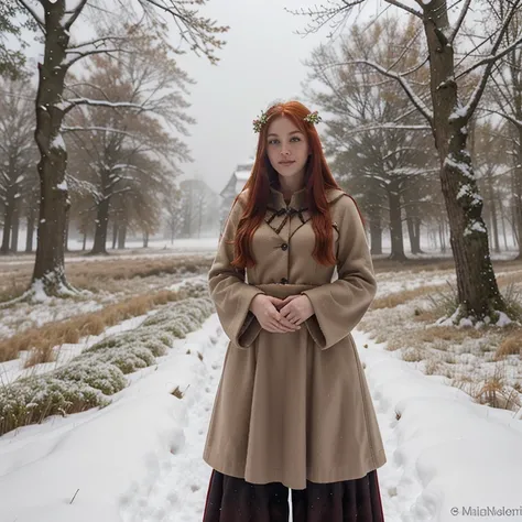 A magical, Beautiful firey red haired maiden , snowdrop flowers are growing in patches of snow in a celtic enchanted winter woodland, she embodies the goddess Brigid, brigids cross, lambs and calves are in the feild of winter wheat, mist surrounds her