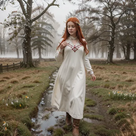 A magical, Beautiful firey red haired maiden , snowdrop flowers are growing in patches of snow in a celtic enchanted winter woodland, she embodies the goddess Brigid, brigids cross, lambs and calves are in the feild of winter wheat, mist surrounds her