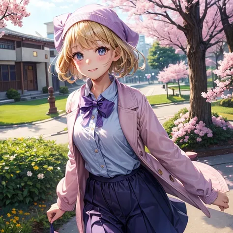 An elementary school student slender girl((flat tits )), blonde hair (( straight short hair ))(( a bit smooth curl)), Wearing tunic (( pale pink,  Sakura patterns )), anorak ((purple and indigo )), and black long pants, white beanie and deep blue muffler, ...