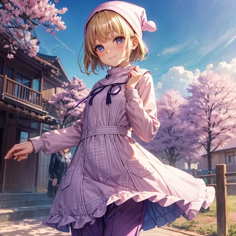 An elementary school student slender girl((flat tits )), blonde hair (( straight short hair ))(( a bit smooth curl)), Wearing tunic (( pale pink,  Sakura patterns )), anorak ((purple and indigo )), and black long pants, white beanie and deep blue muffler, ...