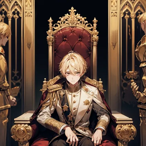 short blonde hair,Golden Eyes, The prince sits on a grand throne in a ruined palace, 1 boy, 20-year-old, cold face, The protagonist is wearing royal clothing,