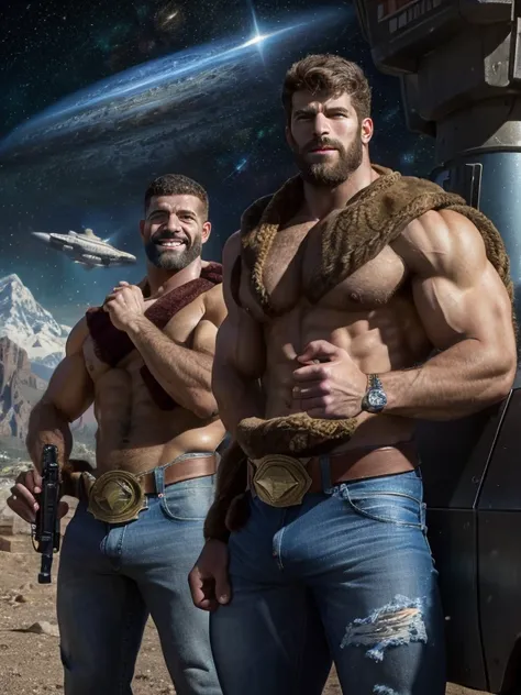 A two muscular Soviet Union soldiers on vacation, hairy body, alpha male, huge biceps, ripped abs, shaggy hair, jeans, mountain spaceport with starships, cuddle together, smile, 4k, high detailed, beautiful, dark age, art by Stanley artgerm, by Daniel f ge...