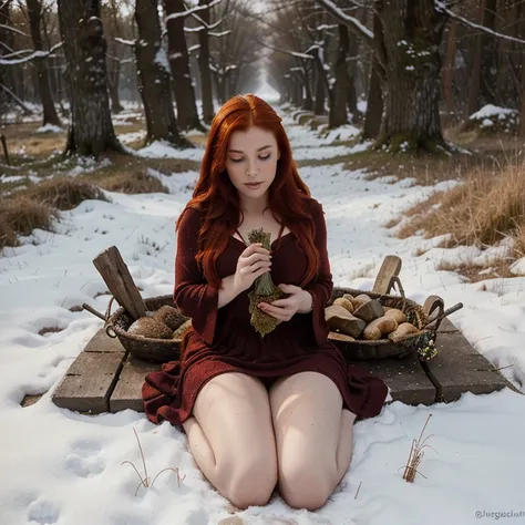 Beautiful firey red haired maiden , in a celtic winter woodland, she embodies the goddess Brigid, brigids cross, lambs and calves are laying at her feet, snowdrop flowers, winter wheat, mist, magical