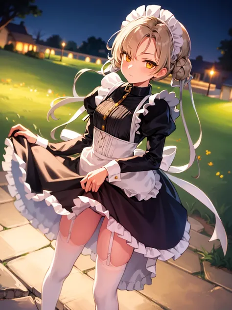 (Super detailed),(master piece),(highest quality), beautiful lighting,cg,(color:1.2),outdoor, garden, alone, 
 Sheffield (azur lane), maid_headdress,maid,apron,collar,Lock,fluffy_dispel,expensive_all_boots,juliet_dispel,黄color_eye,blonde_hair,前hair,with ru...