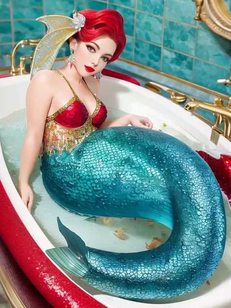 mermaid in bathtub, mermaid tail, scales, full body, looking at viewer, red lipstick, earrings, detail, , blurry background, soft focus, 