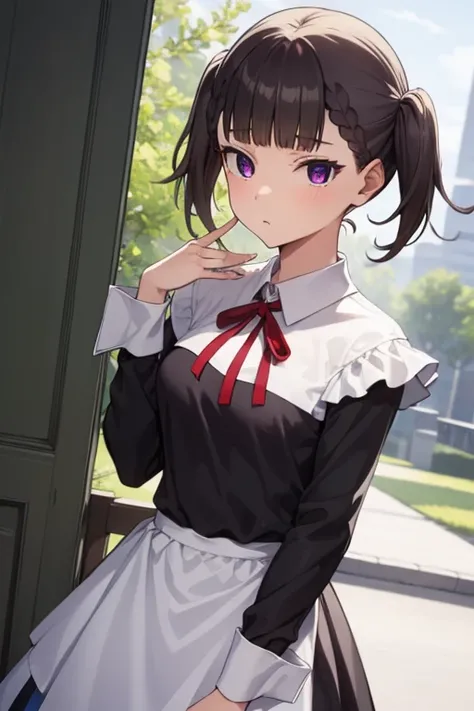 makishijou, maki shijou, bangs, blunt bangs, (purple eyes:1.1), twintails, two side up, braid, short twintails,
BREAK long sleeves, dress, ribbon, , black dress, red ribbon, neck ribbon, collared dress, shuuchiin academy ,
BREAK outdoors,
BREAK looking at ...