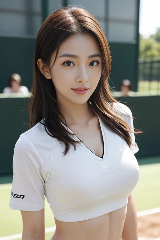 (Looking at camera:1.1), ((sexy Dynamic standing Pose:1.3)), (Beautiful Photorealistic women:1.15) , (she is a Photorealistic beautiful tennis player:1.15), (Perfectly healthy and muscular body, big tits, medium tits:1.2), ((Shes wearing tennis wear in ten...