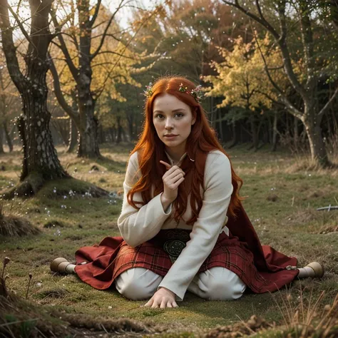 Beautiful firey red haired maiden , in a celtic winter woodland, she embodies the goddess Brigid, brigids cross, lambs and calves are laying at her feet, snowdrop flowers, winter wheat, mist, magical