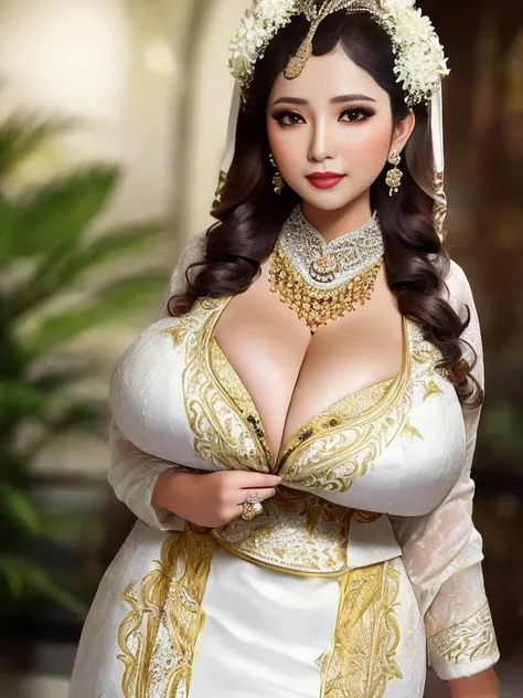 photography, woman, gigantic breasts, cleavage, java wedding woman in white kebaya dress traditional and batik skirt, looking at viewer, jewerly and hair on hair, brown lipstick, golden necklace, earrings, ornate, detail, flowers, blurry background, soft f...