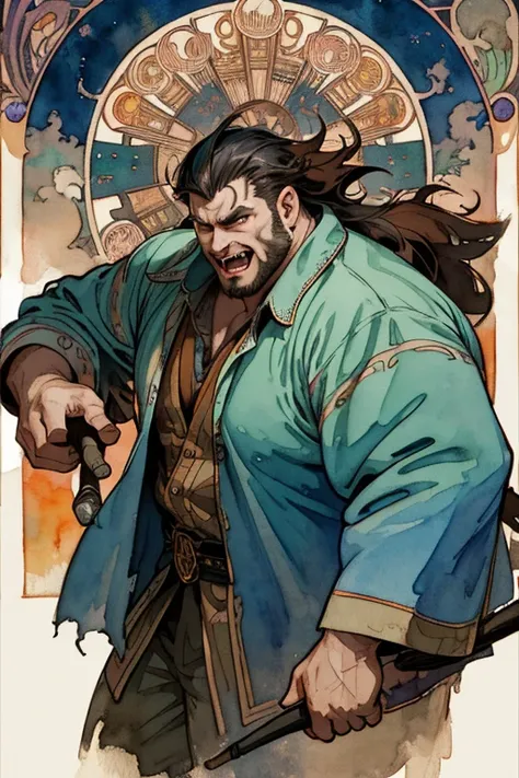 (Best Photo), (Watercolor), ((Matte)), (by Mucha), (Thick Outline), Fluid Lines, (High Resolution, Super Detail), a male Ogre, corpulent, opulent, cruel, flawed hair, eyes sinister, fangs coming out of the mouth, carrying an ax in hand, Dutch angle