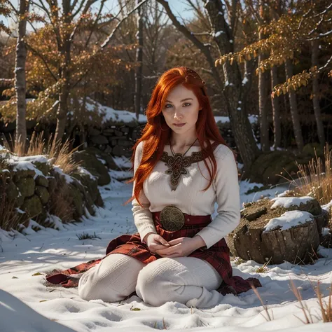 Beautiful firey red haired maiden , in a celtic winter woodland, she embodies the goddess Brigid, brigids cross, lambs and calves are laying at her feet, snowdrop flowers, winter wheat, mist, magical