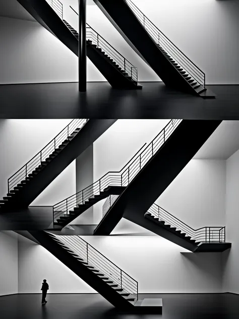 Create two images featuring optical illusions. The first image should include a classic impossible triangle, creating a visual paradox that challenges perception. The second image should be a play of perspective, where stairs seem to ascend and descend sim...