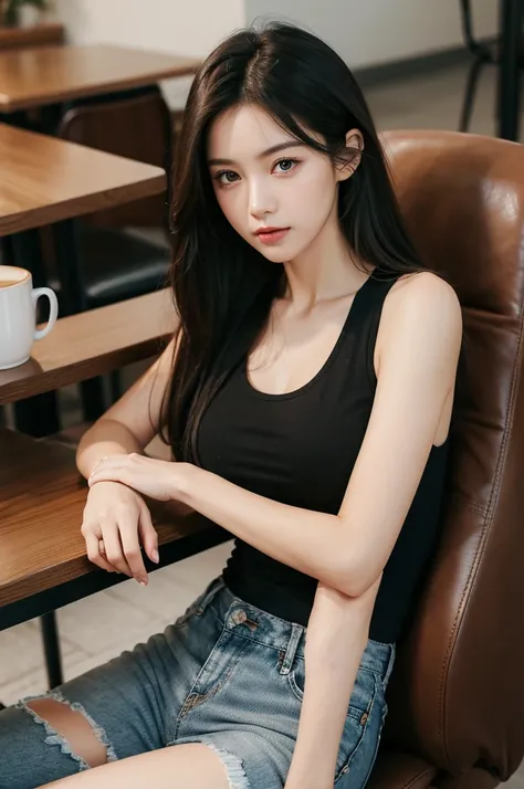 (Realistic, High resolution:1.2), 1 girl, super fine face and eyes, long hair, tight black tank top with black jacket, short jeans, sitting on coffee chair, in café, coffee on table