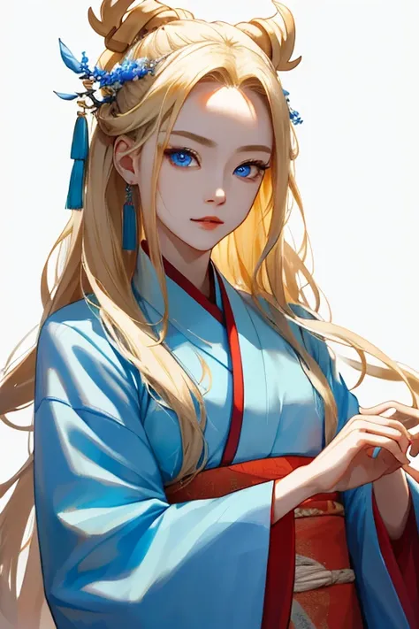 (masterpiece), high-definition Hanfu women, European and American face, perfect face, long blonde hair, blue eyes, very charming.