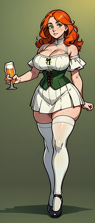 freckles, beautiful, masterpiece, st-patricks day, full body image, cel shaded, black outlines, holding beer jug,hourglass figure, orange hair, plump breasts, plump hips, plump thighs, irish, large eyes, green pupils, curly hair, rounded hair, long hair, o...