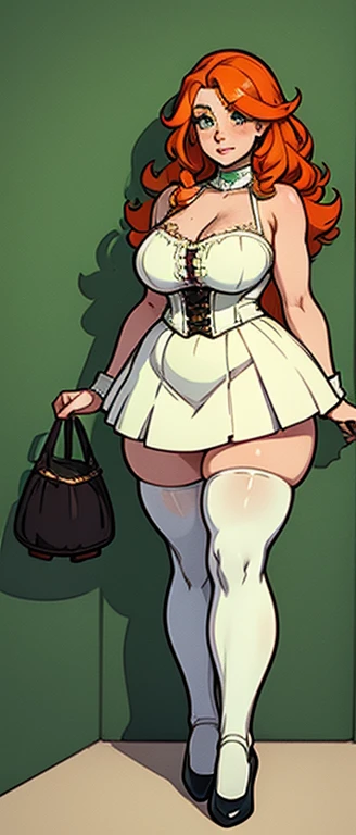 freckles, beautiful, masterpiece, st-patricks day, full body image, cel shaded, black outlines, holding beer jug,hourglass figure, orange hair, plump breasts, plump hips, plump thighs, irish, large eyes, green pupils, curly hair, rounded hair, long hair, o...