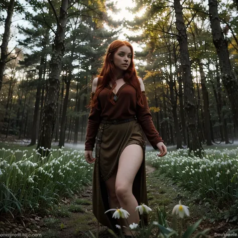 Beautiful firey red haired maiden , in a celtic winter woodland, she embodies the goddess Brigid, snowdrop flowers, mist, magical lighting