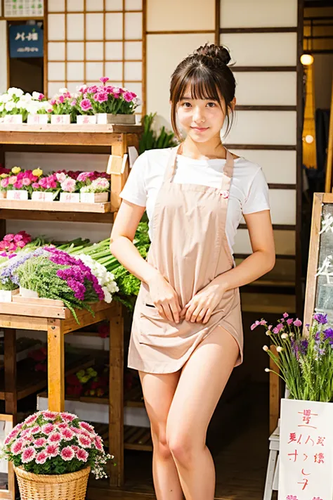 Japanese beautiful girl、Completely naked、spread legs、Flower shop clerk、24-years-old、apron、bun hair、