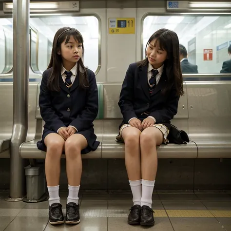 A beautiful 12-year-old girl with Asian features dressed as a schoolgirl with short socks sitting in a subway station with her little sister 