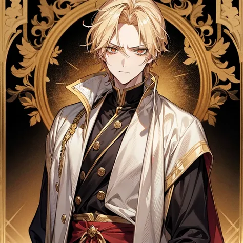 short blonde anime guy,show your forehead,Golden Eyes,光るGolden Eyes,black and red royal clothes,Blonde madman,Bad mood