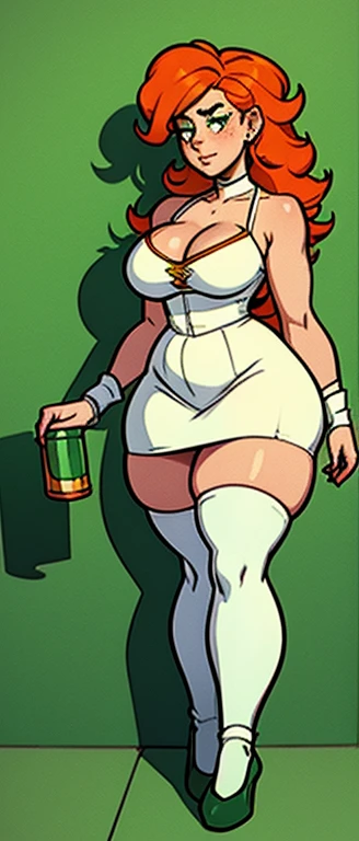 freckles, beautiful, masterpiece, st-patricks day, full body image, cel shaded, black outlines, holding beer jug, hourglass figure, orange hair, plump breasts, plump hips, plump thighs, irish, large eyes, green pupils, curly hair, rounded hair, long hair, ...