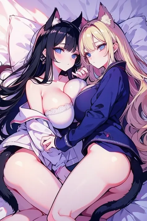 unparalleled beauty,perfect face、bedroom、lie on the bed、(two girls、too big breasts),perfect eyes、blue eye、 Xin Haicheng、animal ears、Animal tail、a blonde and a black hair、In underwear、pajamas、how would it look then&#39;Sleeping、kiss