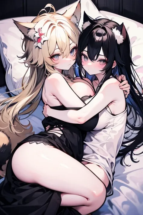 unparalleled beauty,perfect face、bedroom、lie on the bed、(two girls、too big breasts),Height difference、A muscular girl hugs a normal-sized girl、perfect eyes、blue eye、 Xin Haicheng、animal ears、Animal tail、a blonde and a black hair、In underwear、pajamas、how wo...