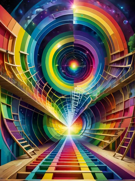 Create an optical illusion artwork featuring a rainbow, lines, ladders, and various geometric shapes. The image should be designed to create a strong visual illusion, making the viewer feel dazzled and disoriented when looking directly at it. The rainbow s...