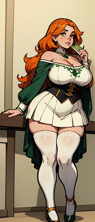 freckles, beautiful, masterpiece, st-patricks day, full body image, cel shaded, black outlines, holding beer jug, hourglass figure, orange hair, plump breasts, plump hips, plump thighs, irish, large eyes, green pupils, curly hair, rounded hair, long hair, ...