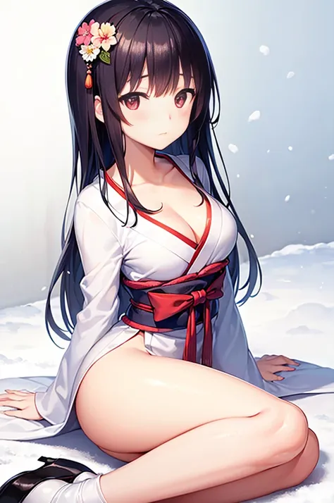 (((highest quality, High resolution, Like Japan cartoons))) , (Blizzard,snow scene),red eyes, 1 girl, alone, looking at the viewer, black hair, medium breasts, closed mouth, clavicle, broken kimono,white kimono, thighs,Two-dimensional beautiful girl,Japan ...