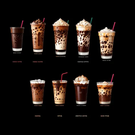 four different types of iced coffees in a glass cup, cold drinks, colored milk tea, ice coffee, cold brew coffee ), drinks, iced latte, iced tea glass, made with illustrator, photorealistic illustration, milk and mocha style, realistic illustration, made o...