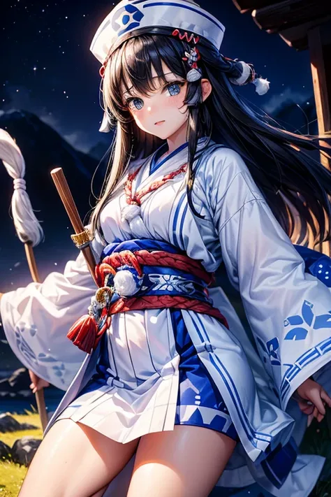 queen of the ainu、cute、Ainu pattern clothes、white and blue clothes、Ainu pattern、has a spear、Ainu art、Clean your eyes、Fingers correctly、night scenery、Ainu hat